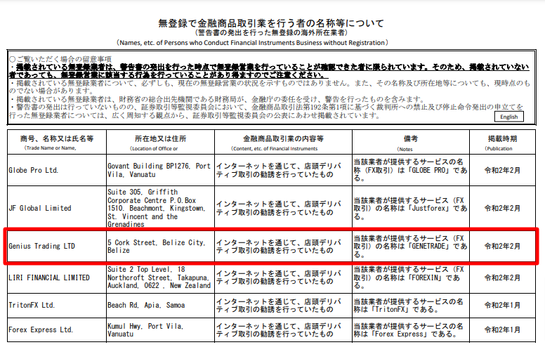 日本の金融庁から警告を受けている