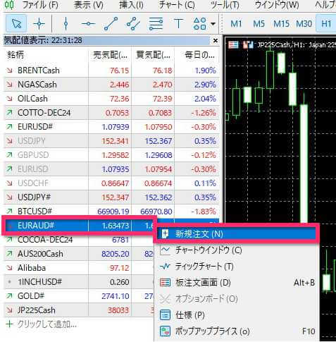 気配値表示から注文