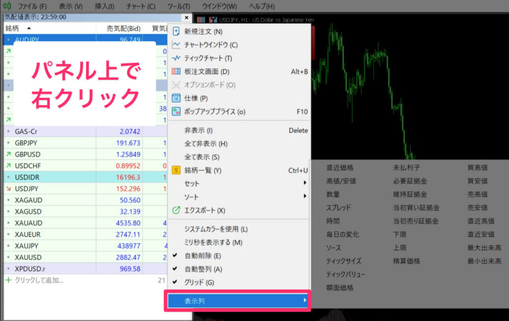 Vantage MT5 チャート画面 パネル上で表示列を選択