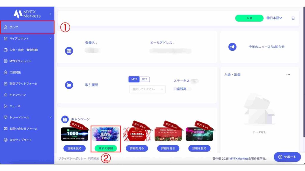 MYFX Markets ボーナス画面