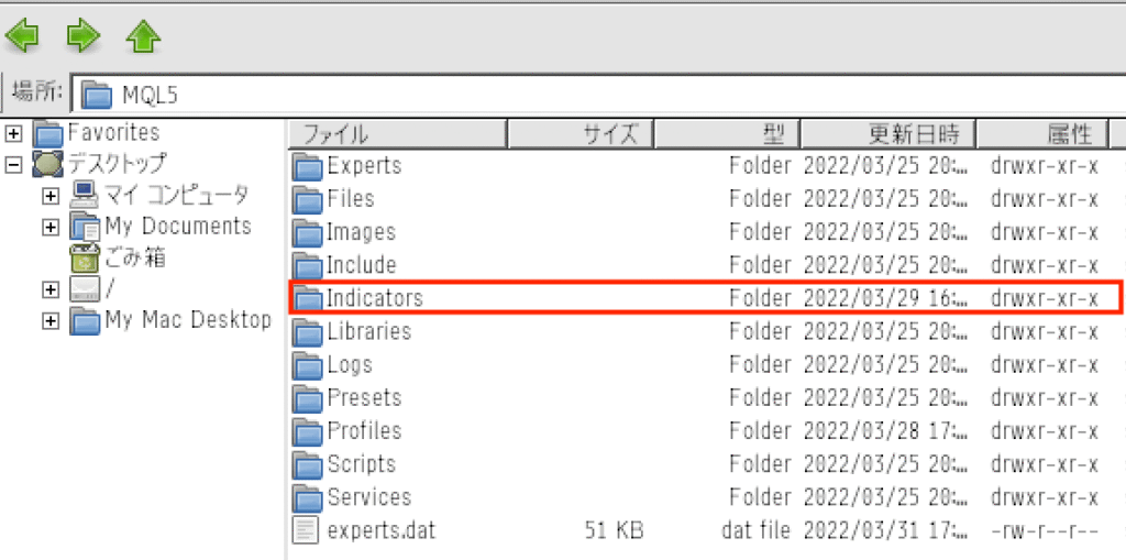 「MQL5」から「Indicators」の順にファイルを開く